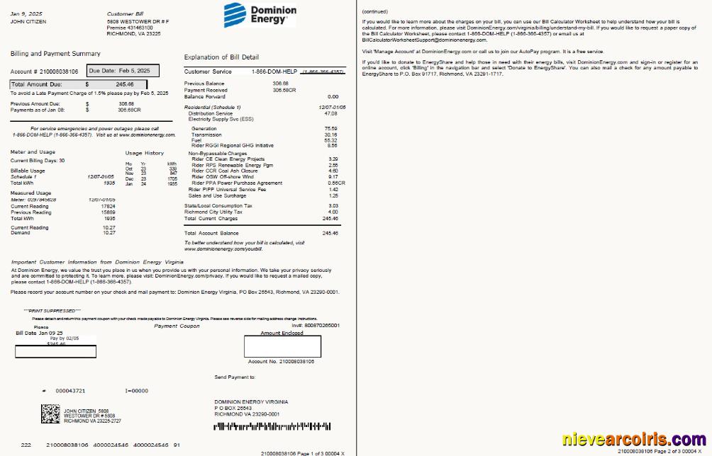 USA Dominion Energy utility bill, 3 pages, 1-2 pages